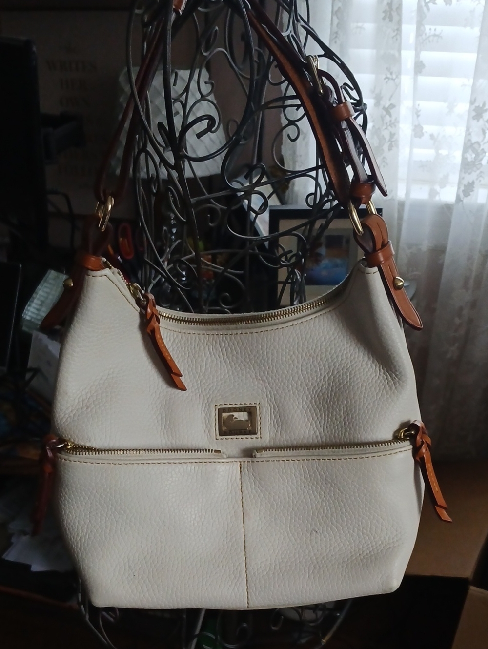 Vintage Dooney And Bourke Women's Cream Hobo Shoulder Bag with Brown Trim